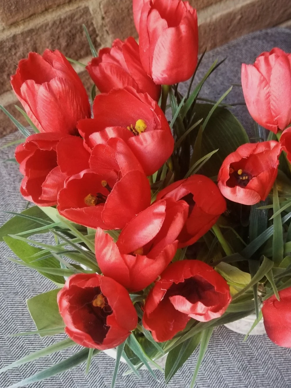 Red Tulips Artificial Arrangement in White Glazed Ceramic Planter